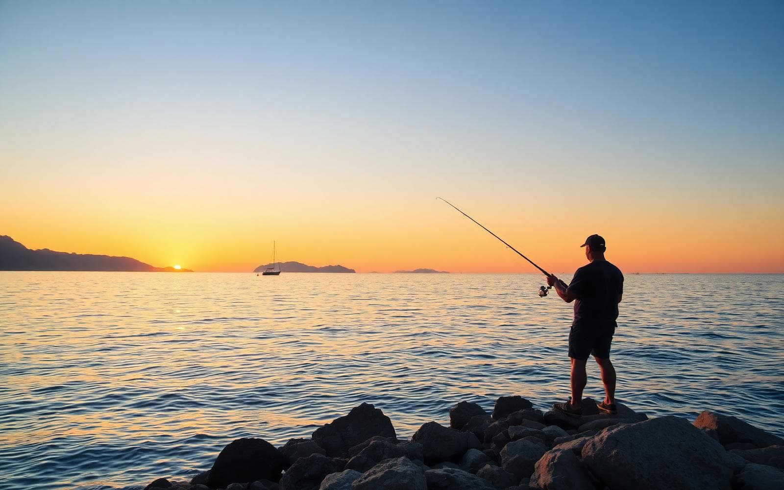 Angler fishing from the rocks on the Croatian Adriatic coast