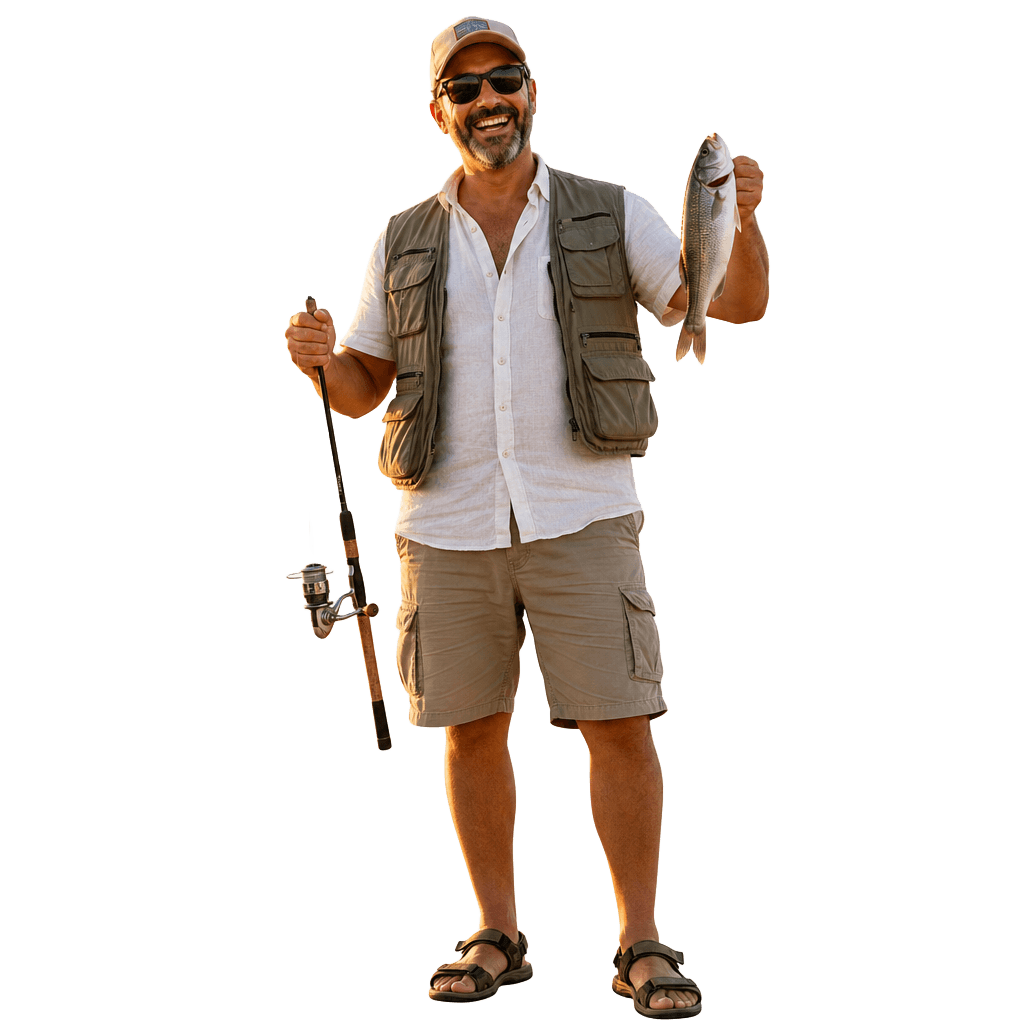 Smiling angler holding a rod and a fresh Adriatic catch